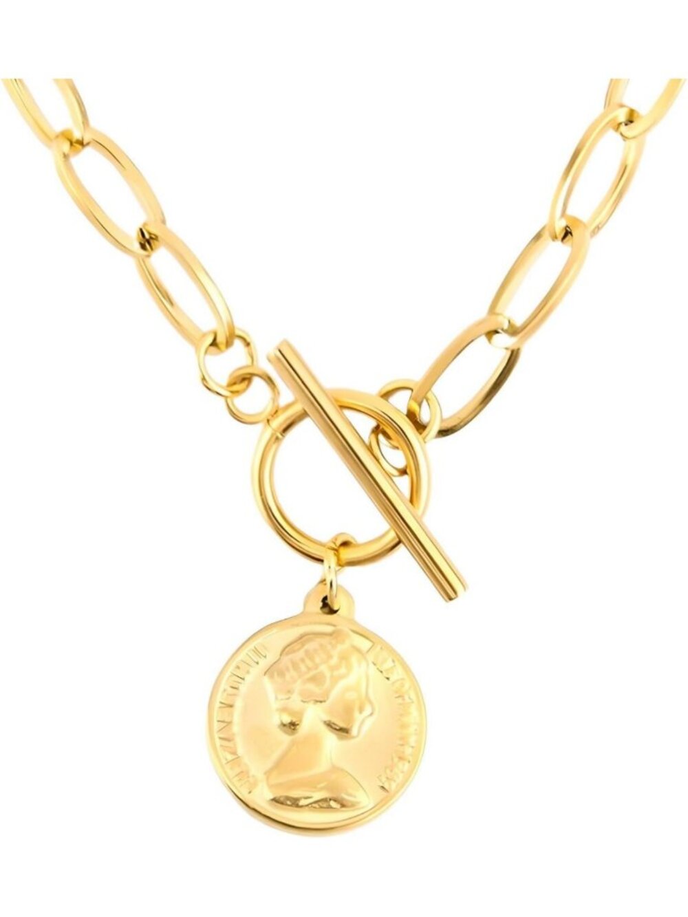 14K Yellow Gold Coin Toggle Necklace for Women - Minimalist 925 Silver Layered